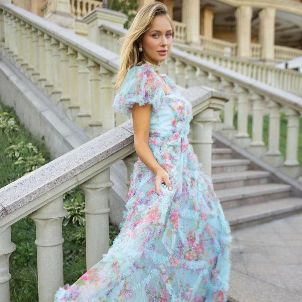 French Style Sweetheart Neck Puff Sleeve A Line Ruffle Tulle Floral Maxi Dress - Image 6