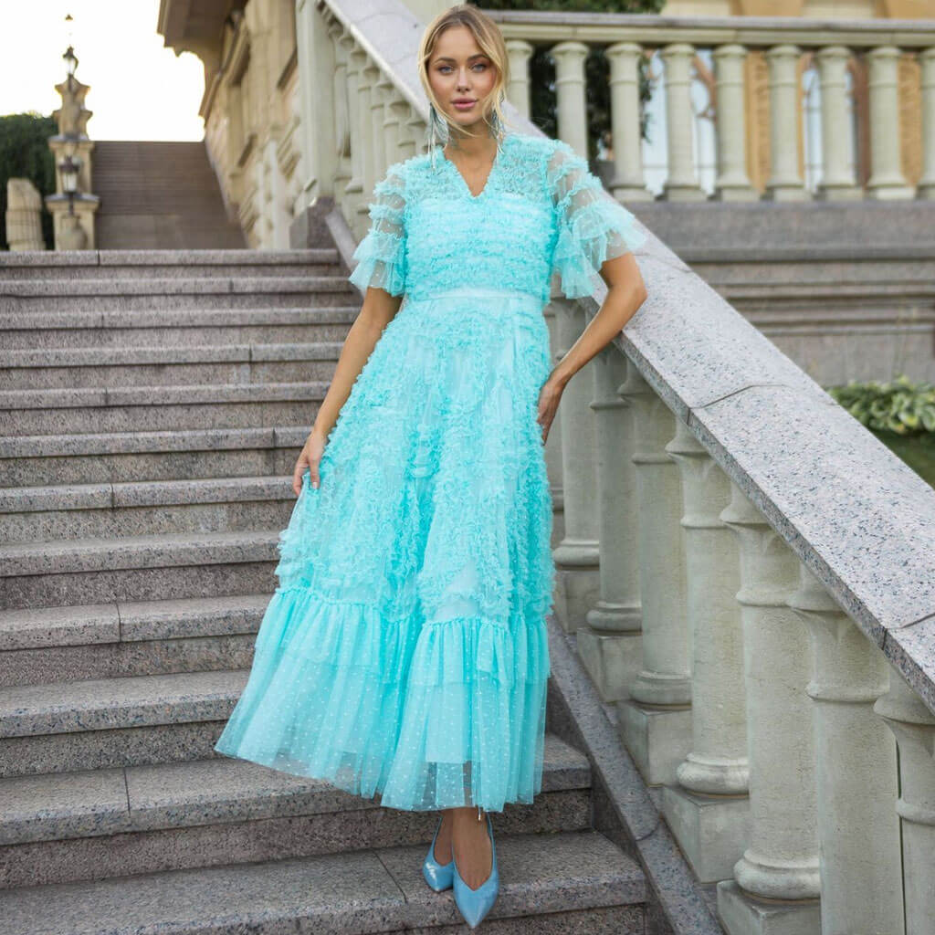 French Style V Neck Short Sleeve A Line Ruffle Tiered Spotted Tulle Maxi Dress - Image 4