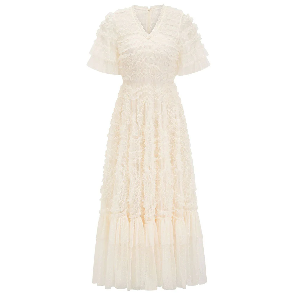 French Style V Neck Short Sleeve A Line Ruffle Tiered Spotted Tulle Maxi Dress - Image 6