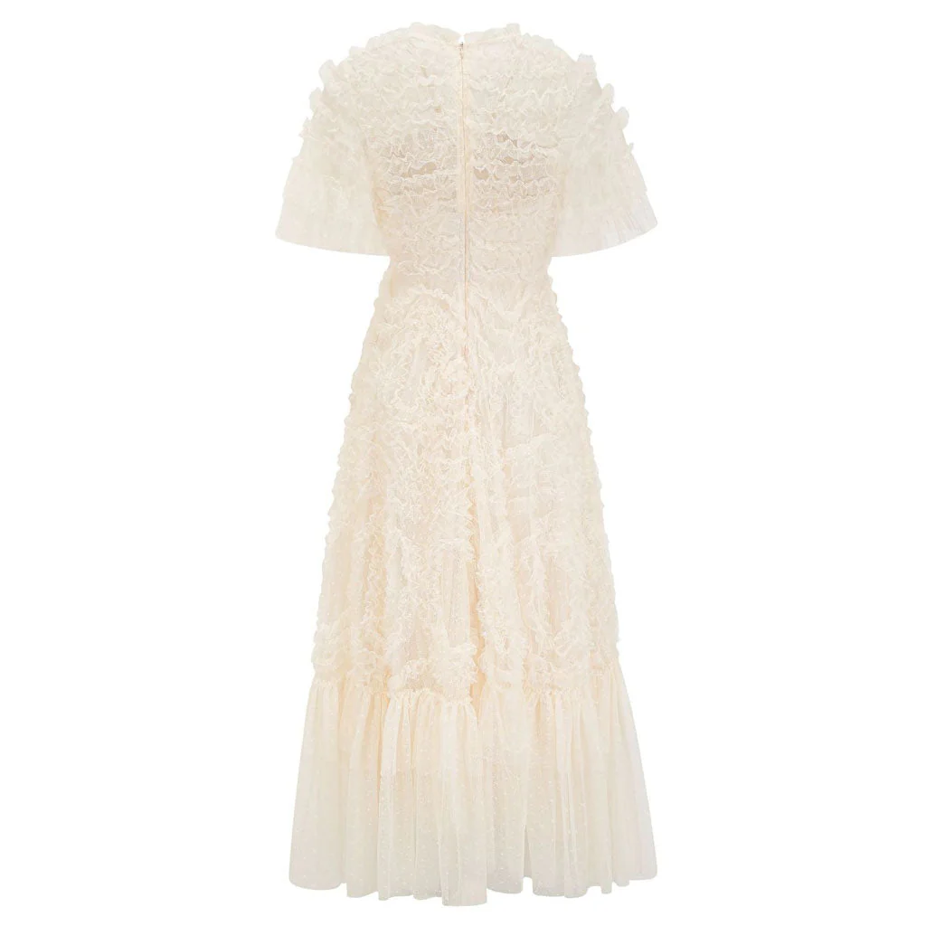 French Style V Neck Short Sleeve A Line Ruffle Tiered Spotted Tulle Maxi Dress - Image 7