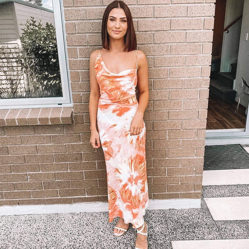 Fresh Floral Print Cowl Neck Backless Maxi Dress - Burnt Orange - Image 2