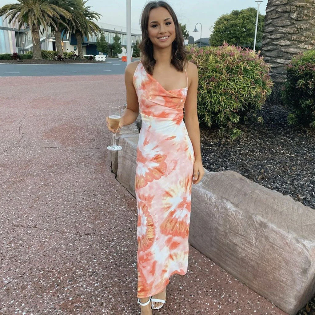 Fresh Floral Print Cowl Neck Backless Maxi Dress - Burnt Orange - Image 3