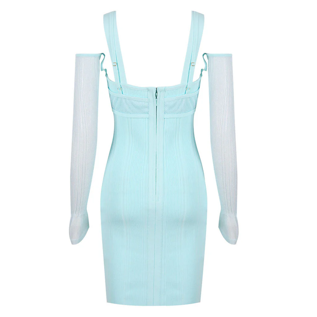Fresh Sweetheart Cold Shoulder Suspended Strap Jacquard Bandage Mini Dress - Blue - Image 4