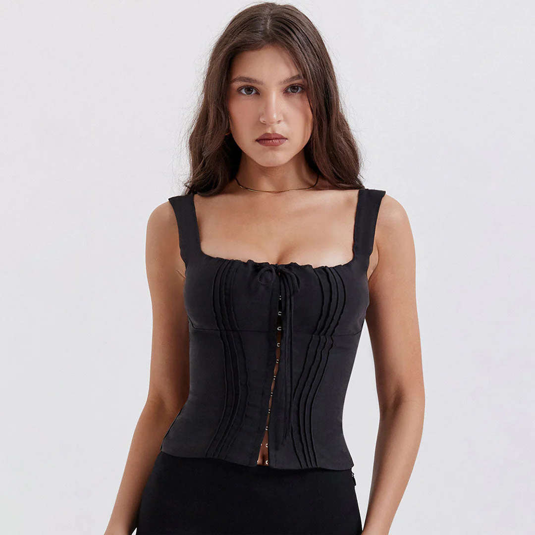 Fresh Tie Front Square Neck Frill Bustier Floral Printed Tank Top - Black - Image 3
