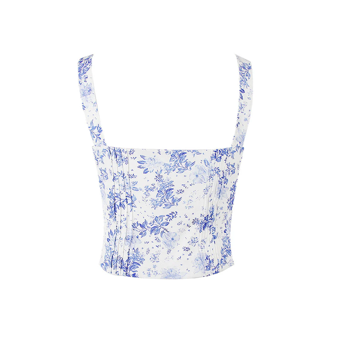 Fresh Tie Front Square Neck Frill Bustier Floral Printed Tank Top - Blue - Image 4