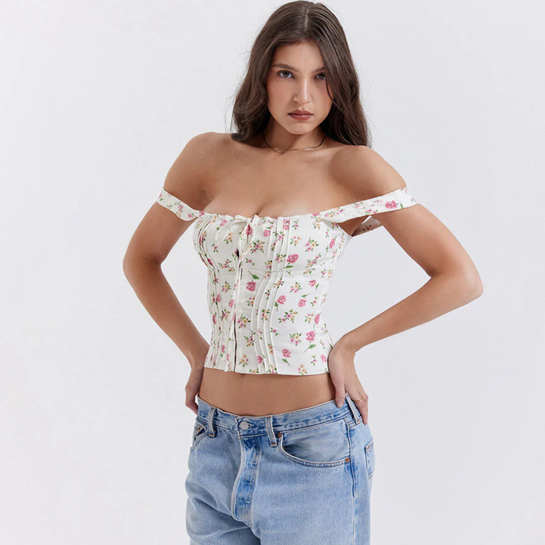 Fresh Tie Front Square Neck Frill Bustier Floral Printed Tank Top - Pink - Image 3