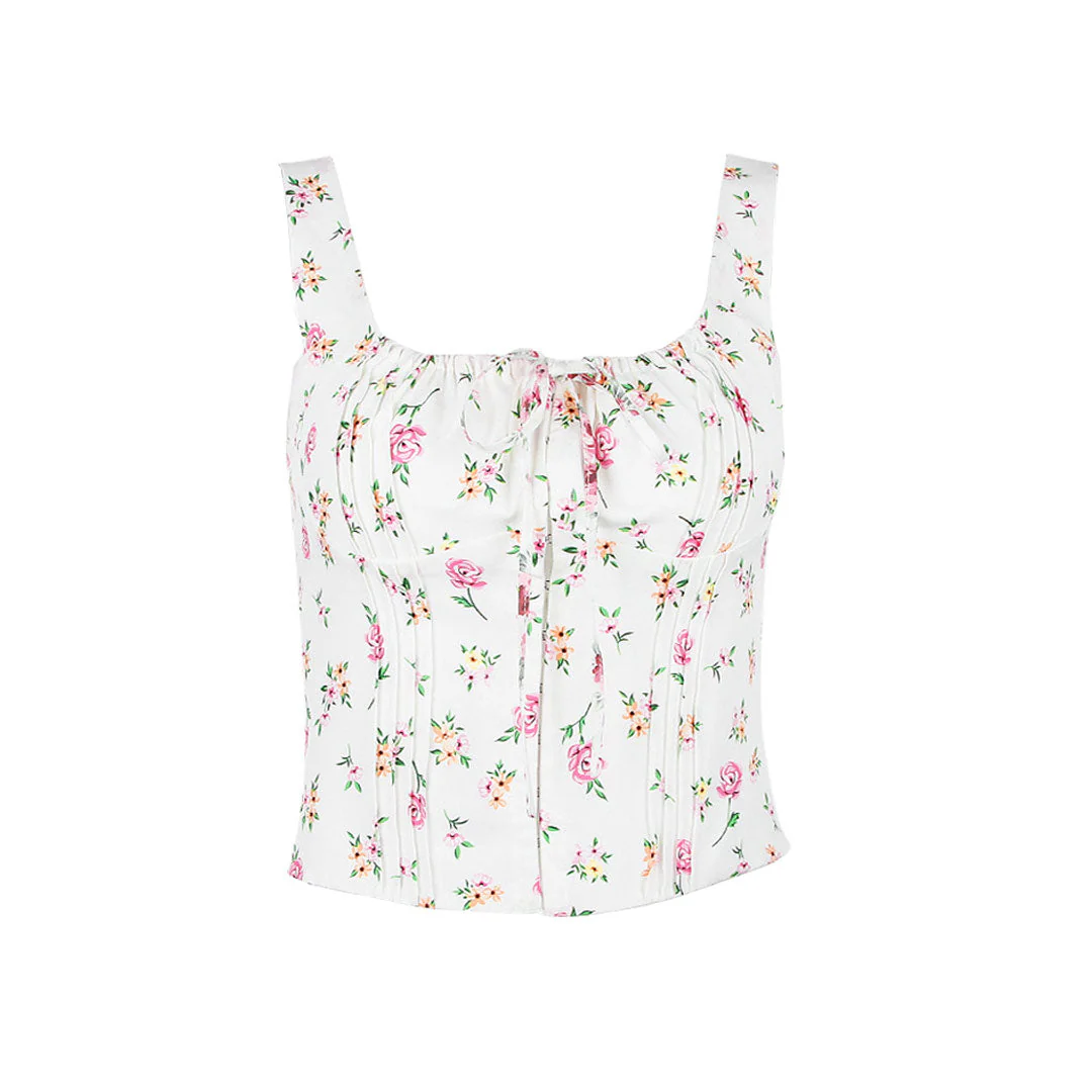 Fresh Tie Front Square Neck Frill Bustier Floral Printed Tank Top - Pink - Image 4