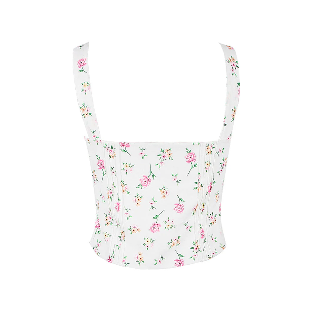 Fresh Tie Front Square Neck Frill Bustier Floral Printed Tank Top - Pink - Image 5