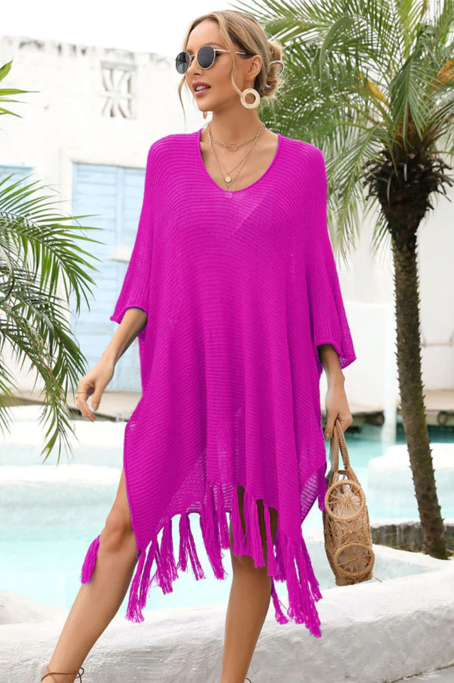 Fringe Trim Dolman Sleeve Openwork Cover Up - Image 12