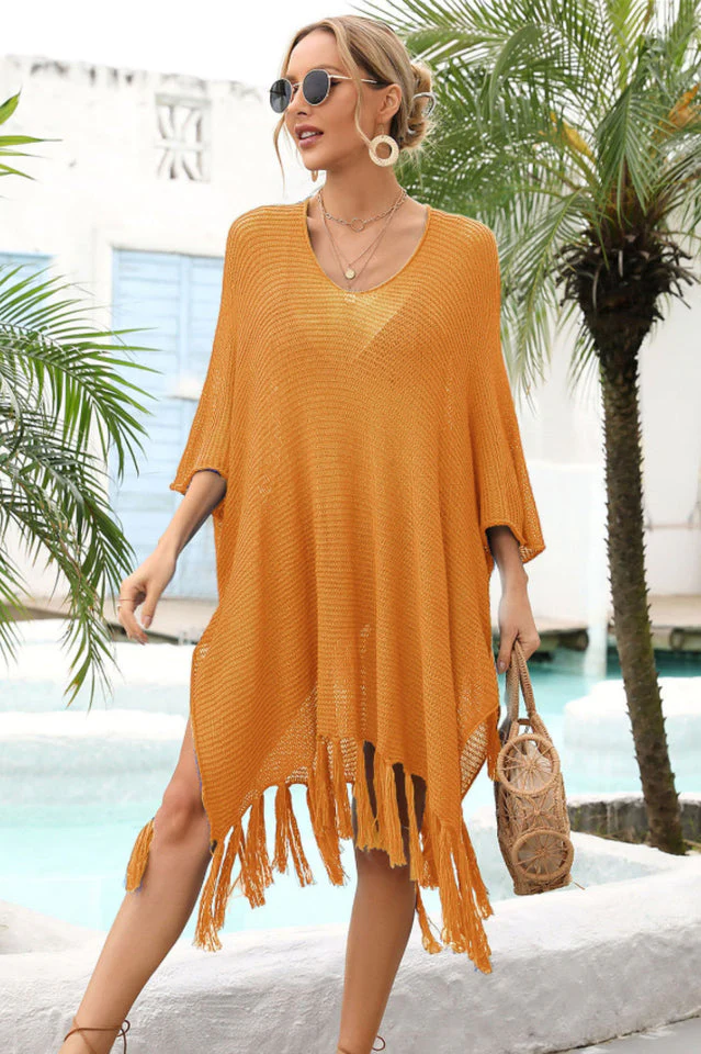 Fringe Trim Dolman Sleeve Openwork Cover Up - Image 21