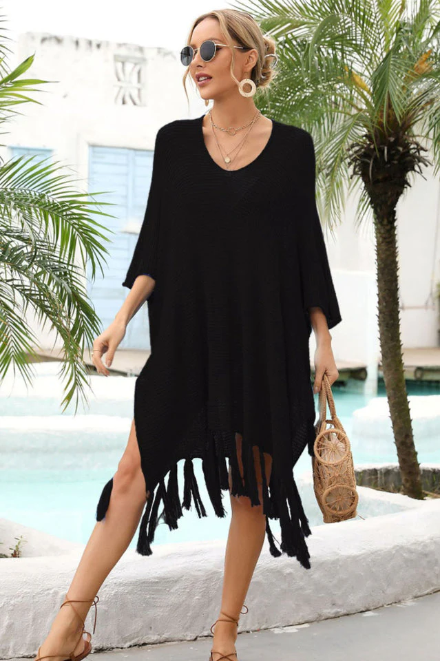 Fringe Trim Dolman Sleeve Openwork Cover Up - Image 8