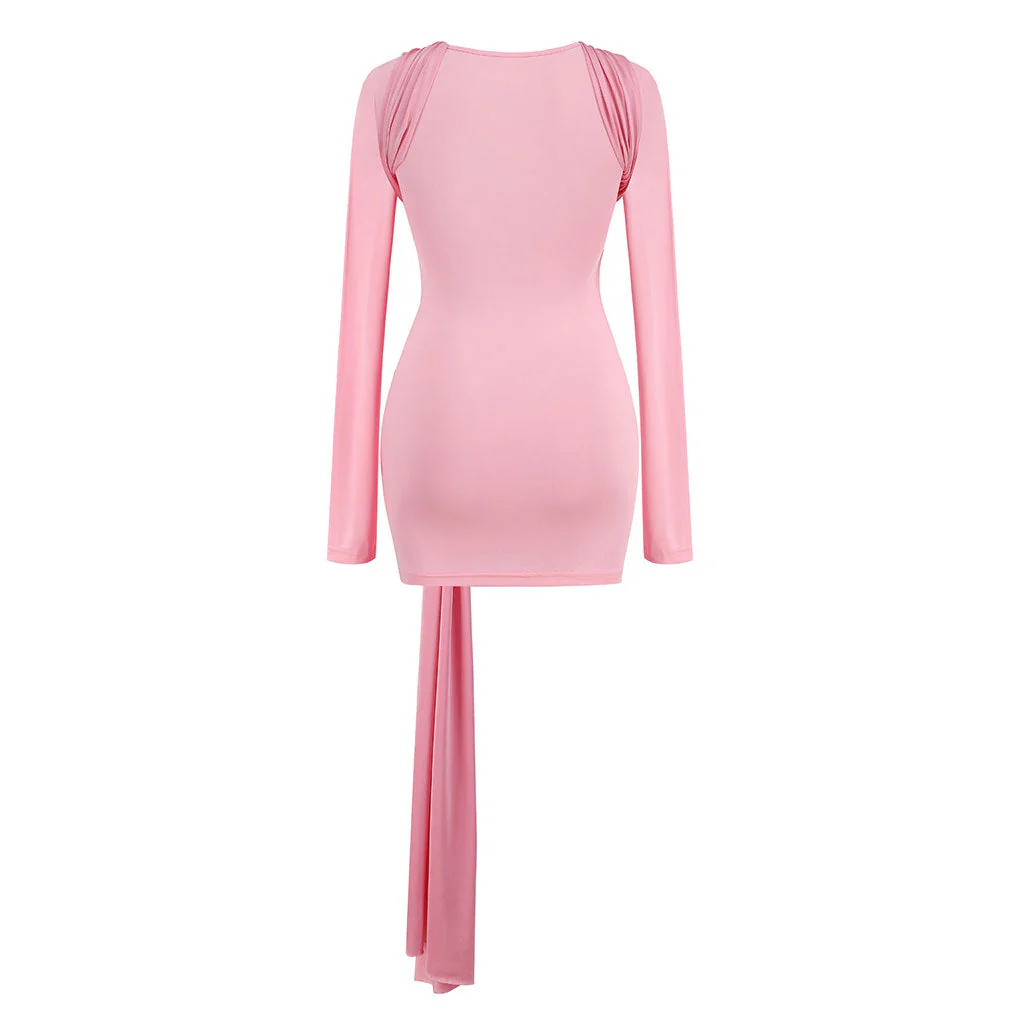 Funky Crew Neck Long Sleeve O Ring Draped Ruched Bodycon Party Mini Dress - Image 2