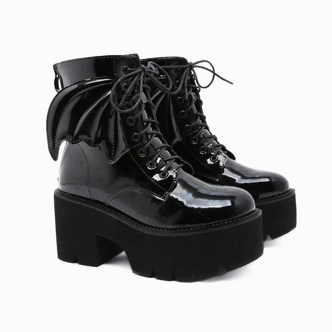 Playful Wing Lace Up Zip Back Chunky Heel Platform Boots - Black - Image 2