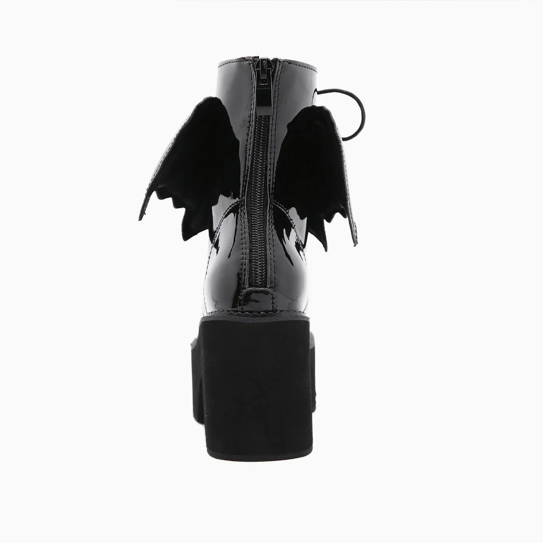 Playful Wing Lace Up Zip Back Chunky Heel Platform Boots - Black - Image 3