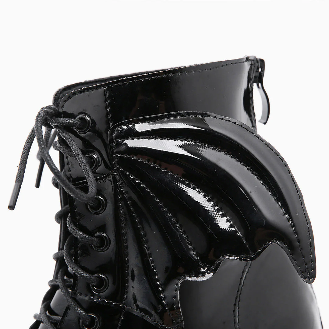 Playful Wing Lace Up Zip Back Chunky Heel Platform Boots - Black - Image 4