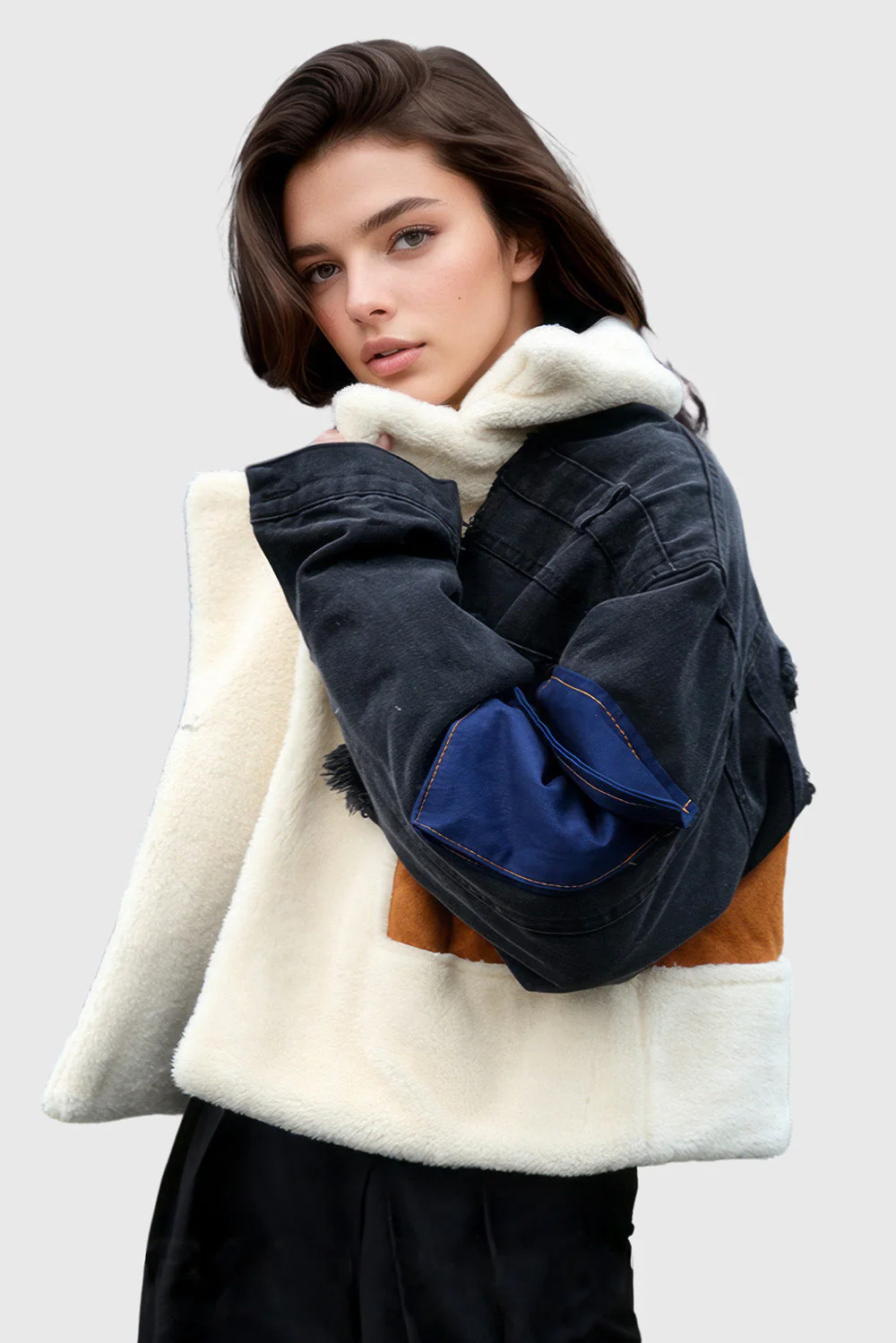 Fur Jacket with Denim Inserts - Black - Image 2