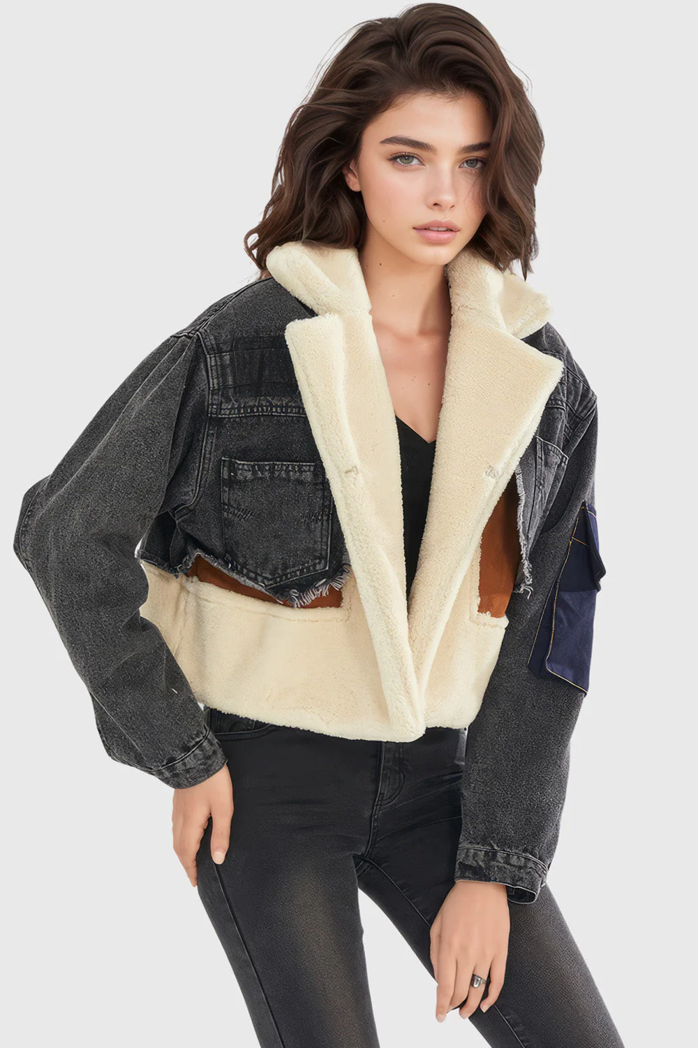 Fur Jacket with Denim Inserts - Black - Image 3