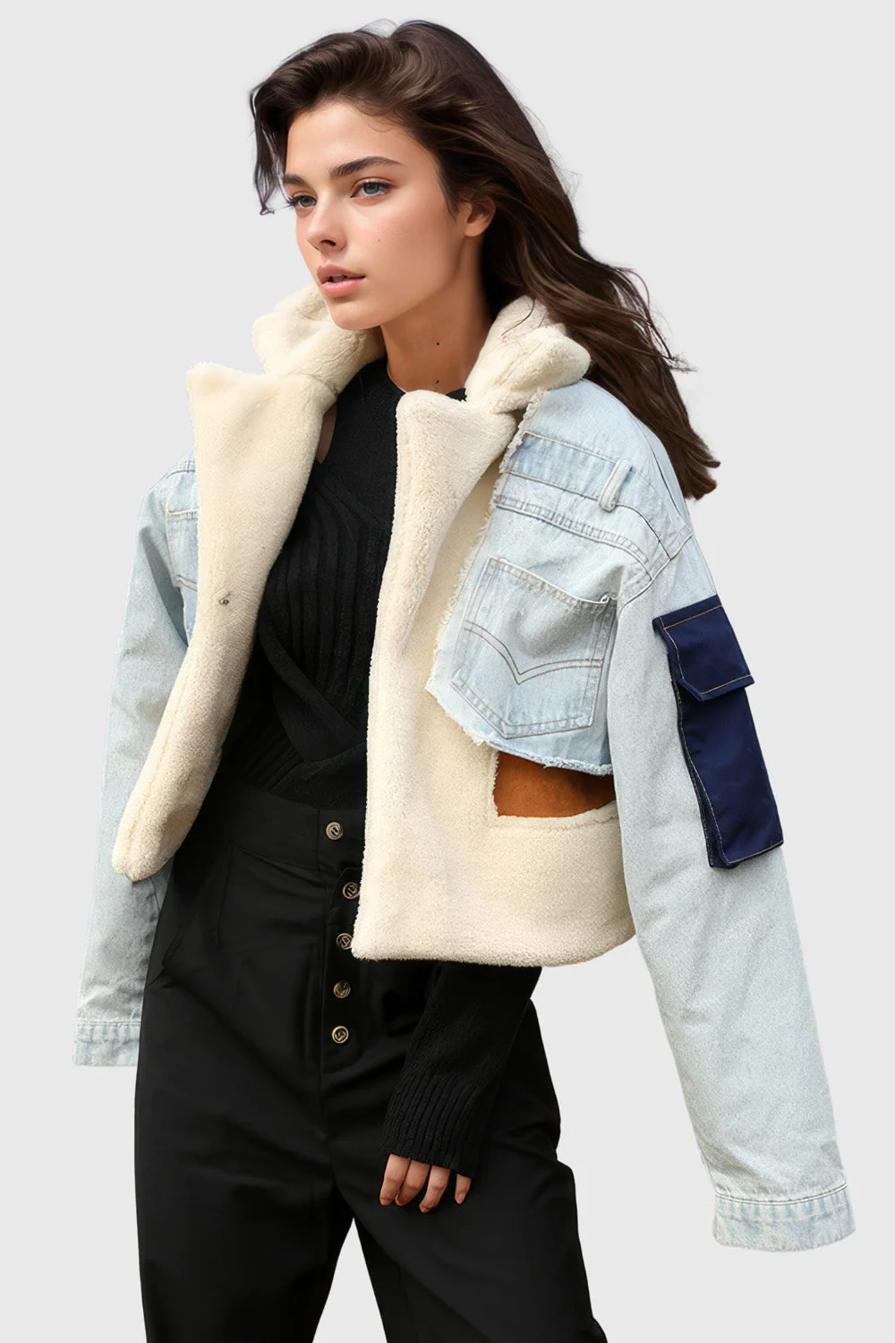 Fur Jacket with Denim Inserts - Blue - Image 2