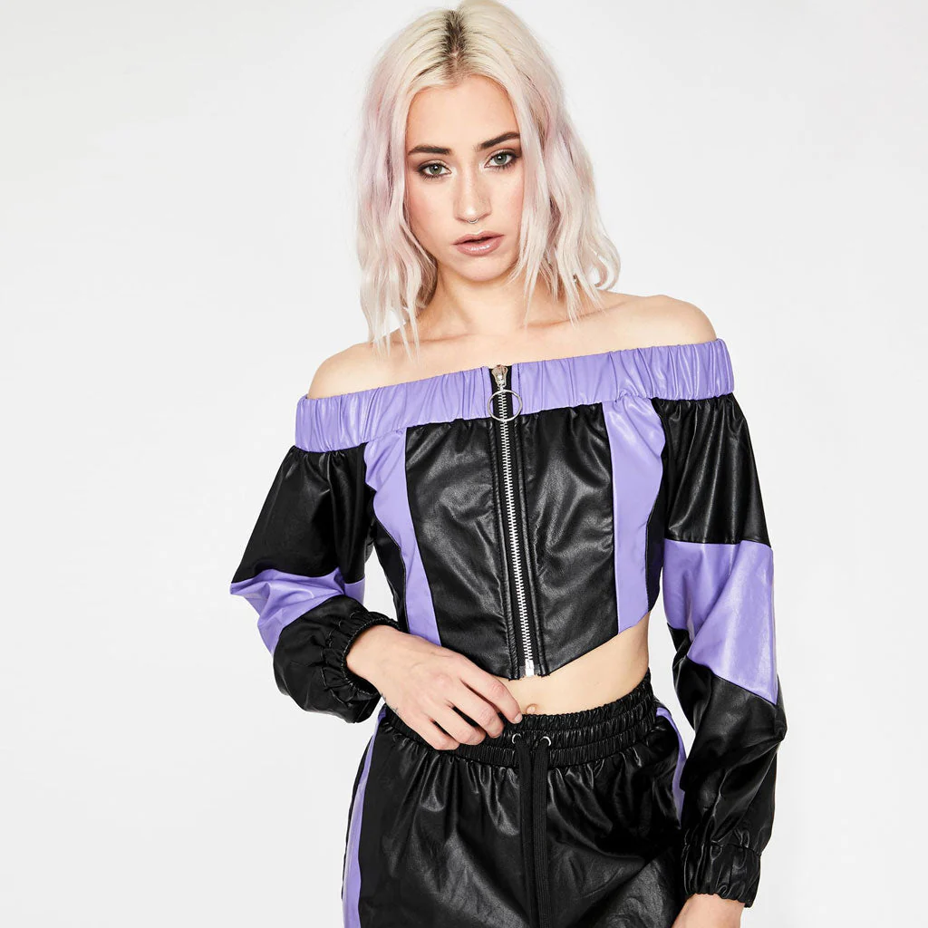Futuristic Color Block Off Shoulder Zip Front Crop Leather Top - Black - Image 2