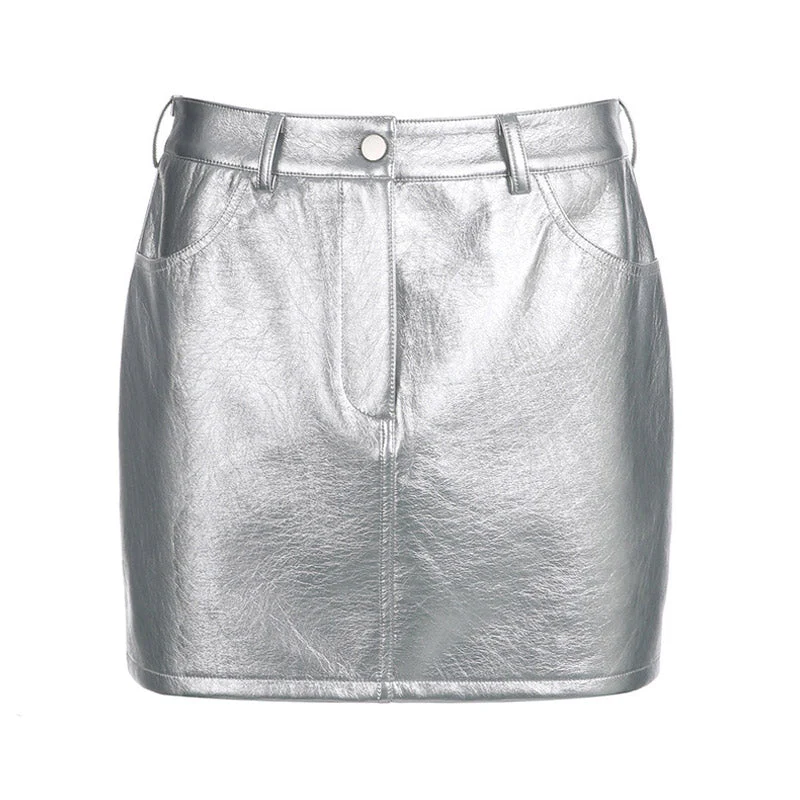 Futuristic Metallic Effect Single Button High Waist Bodycon Mini Skirt - Silver - Image 3