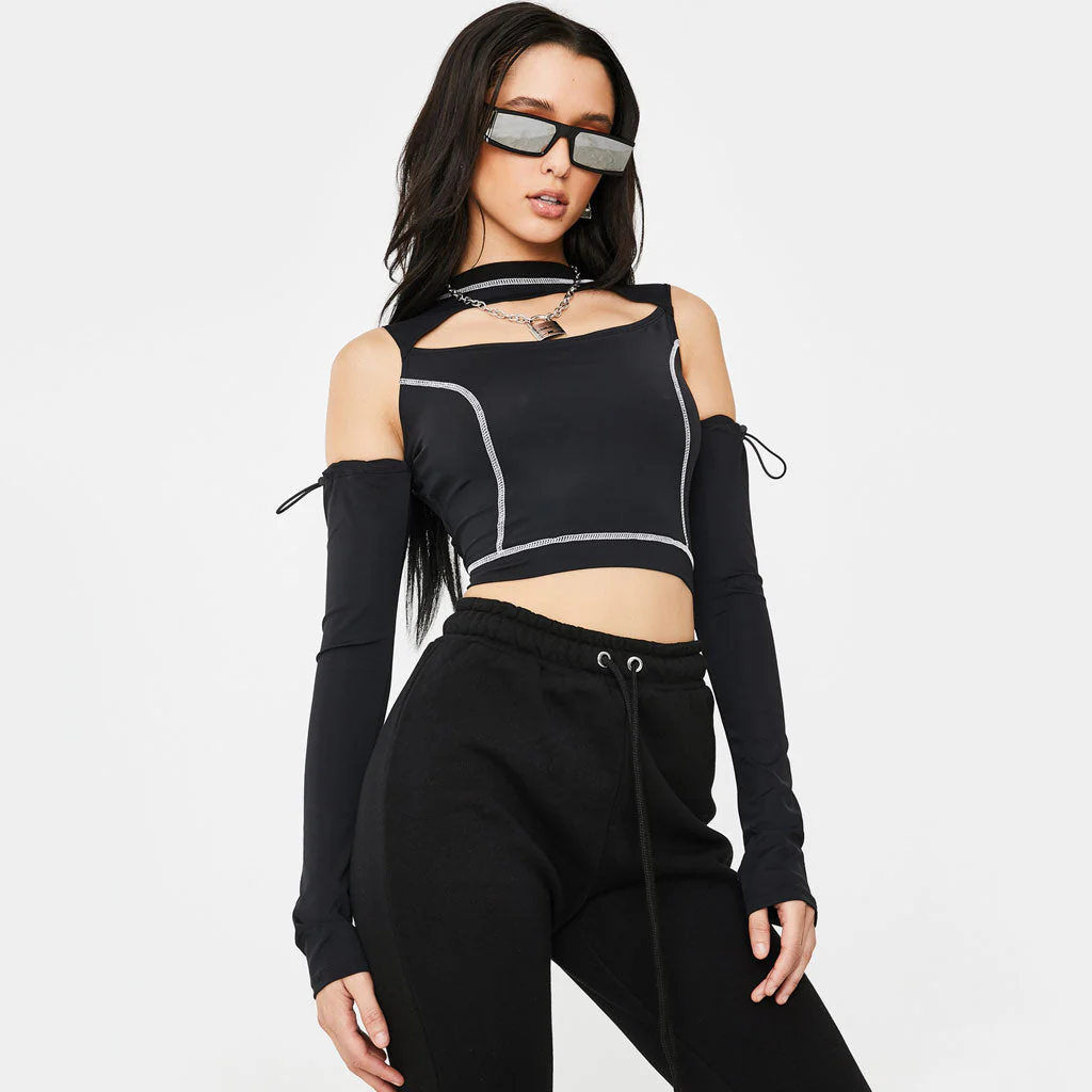 Futuristic Style High Neck Cut Out Long sleeve Crop Top - Black - Image 2
