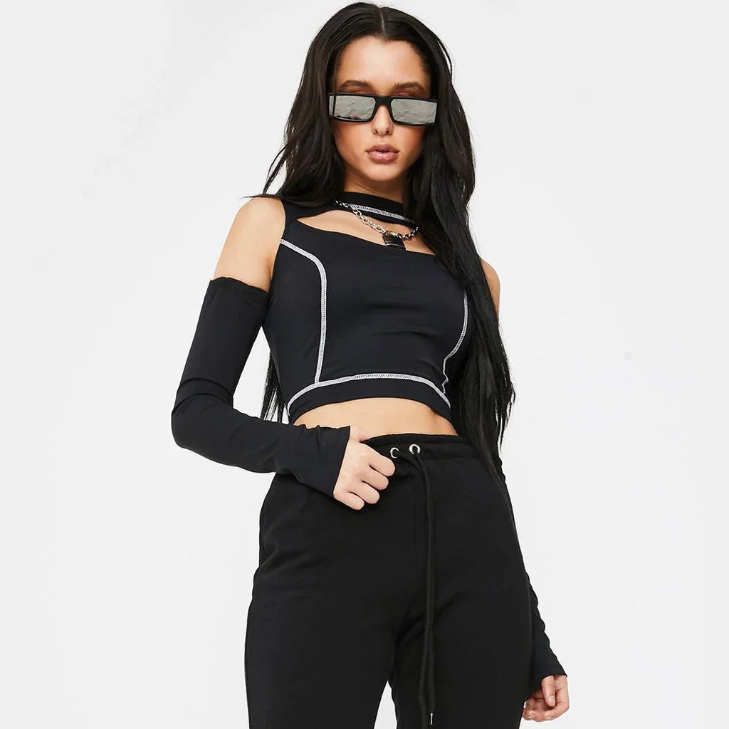 Futuristic Style High Neck Cut Out Long sleeve Crop Top - Black - Image 3
