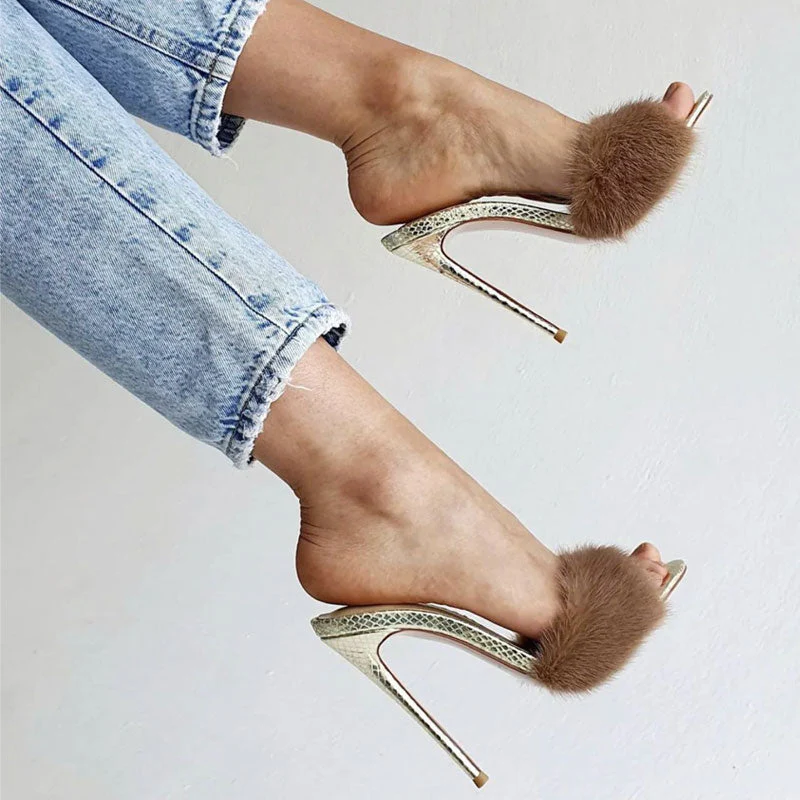 Fuzzy Faux Fur Crocodile Embossed Open Pointed Toe Stiletto Mules - Gold - Image 3