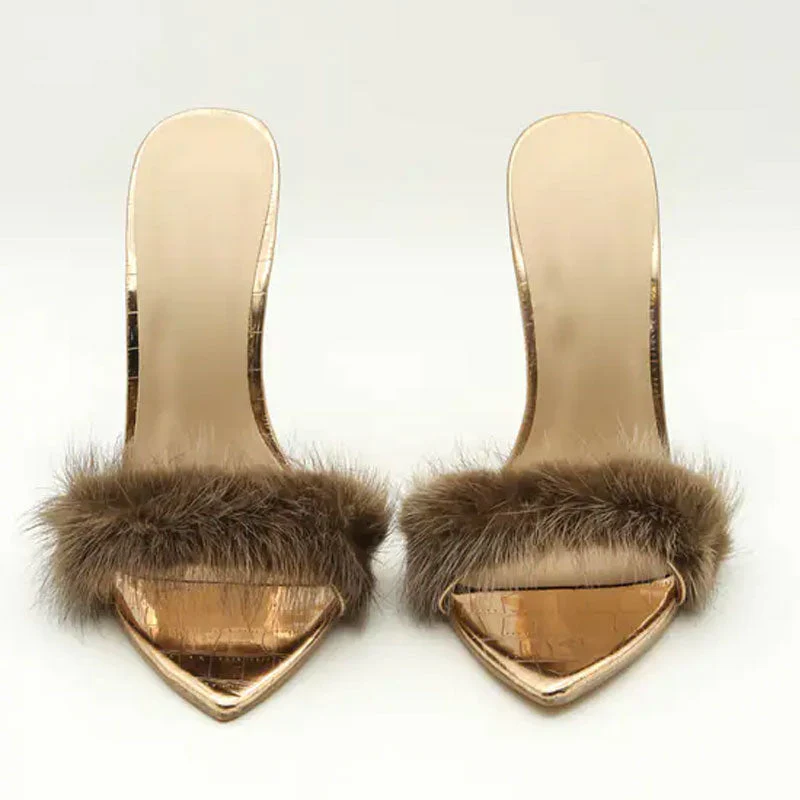 Fuzzy Faux Fur Crocodile Embossed Open Pointed Toe Stiletto Mules - Gold - Image 4