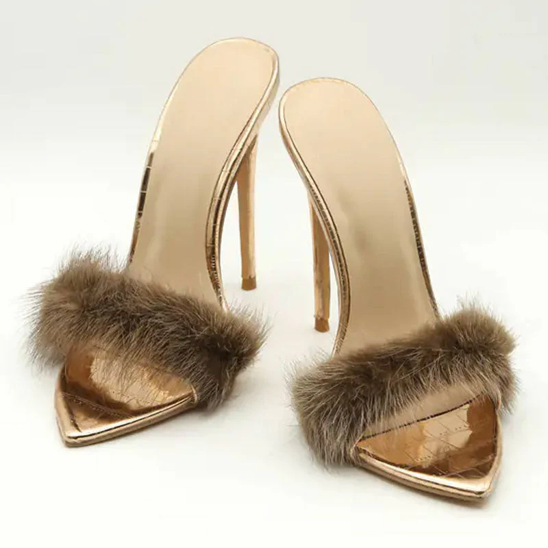 Fuzzy Faux Fur Crocodile Embossed Open Pointed Toe Stiletto Mules - Gold - Image 5