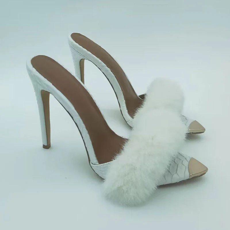 Fuzzy Faux Fur Crocodile Embossed Open Pointed Toe Stiletto Mules - White - Image 4