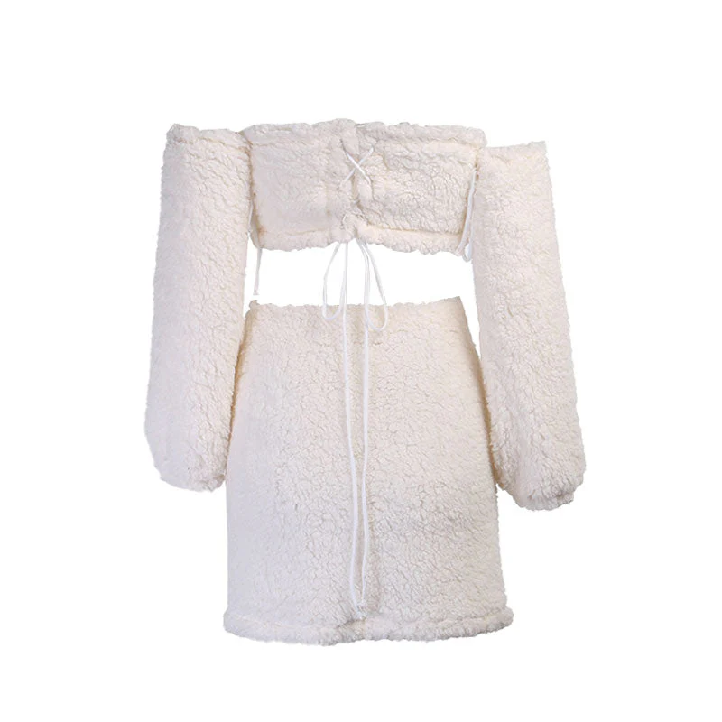Fuzzy Lace Up Tube Top Long Sleeve Skirt Matching Set - White - Image 4