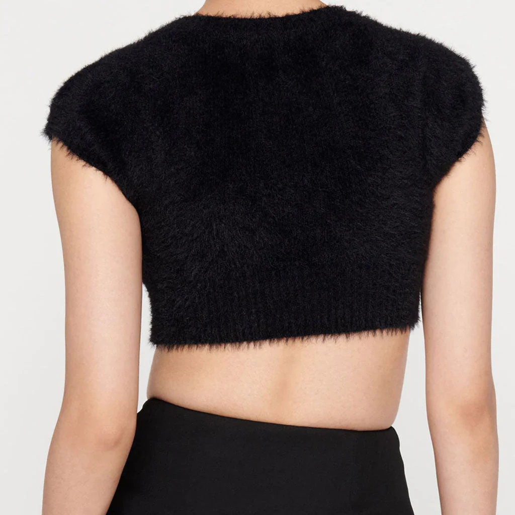 Fuzzy Letter Chain Open Front Short Sleeve Ribbed Crop Cardigan - Black - Image 4