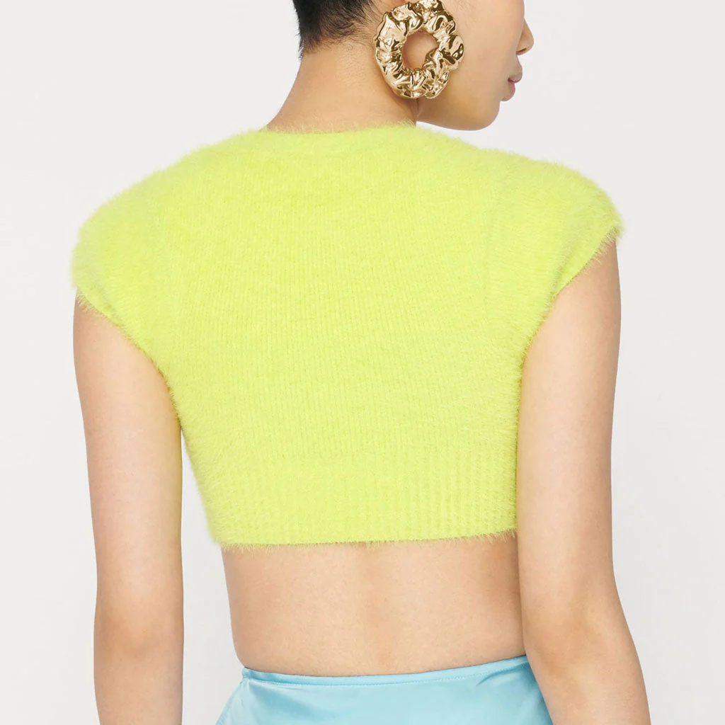 Fuzzy Letter Chain Open Front Short Sleeve Ribbed Crop Cardigan - Yellow - Image 4