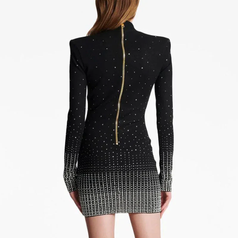 Galaxy Ombre Rhinestone Embellished V Neck Long Sleeve Bodycon Sweater Mini Dress - Image 2