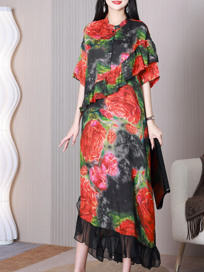 Game Of Time Stand Collar Short Sleeves A-line Dress - Image 2