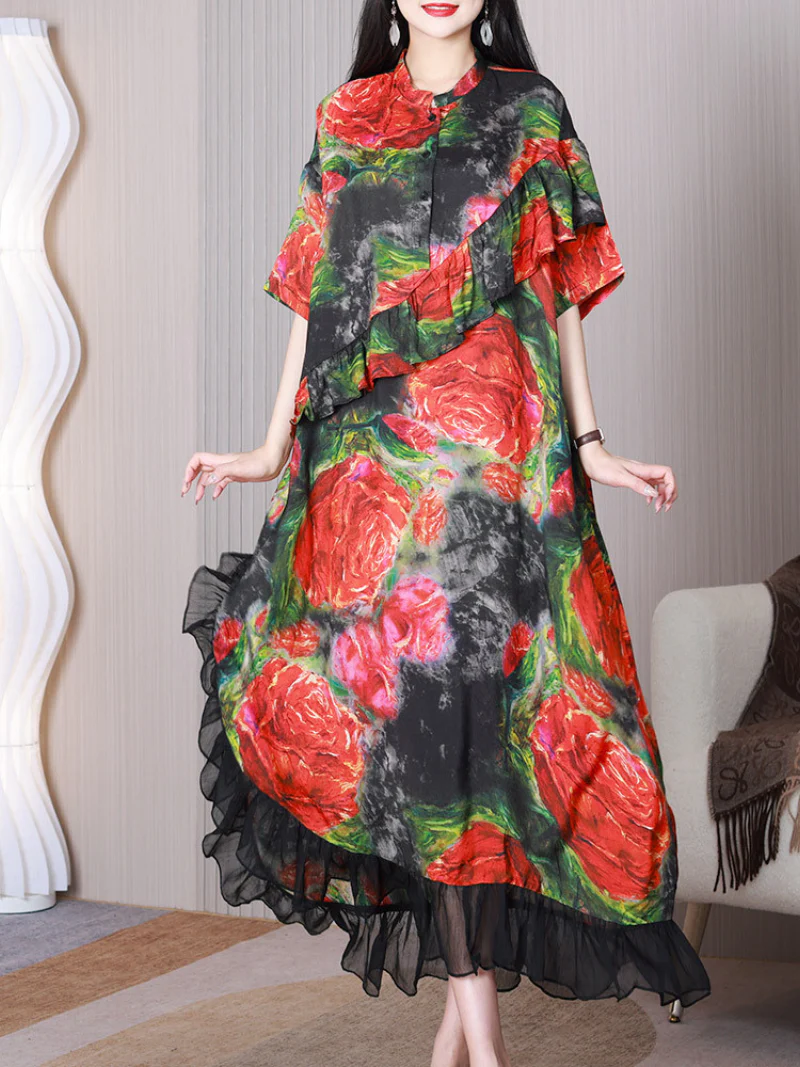 Game Of Time Stand Collar Short Sleeves A-line Dress - Image 3