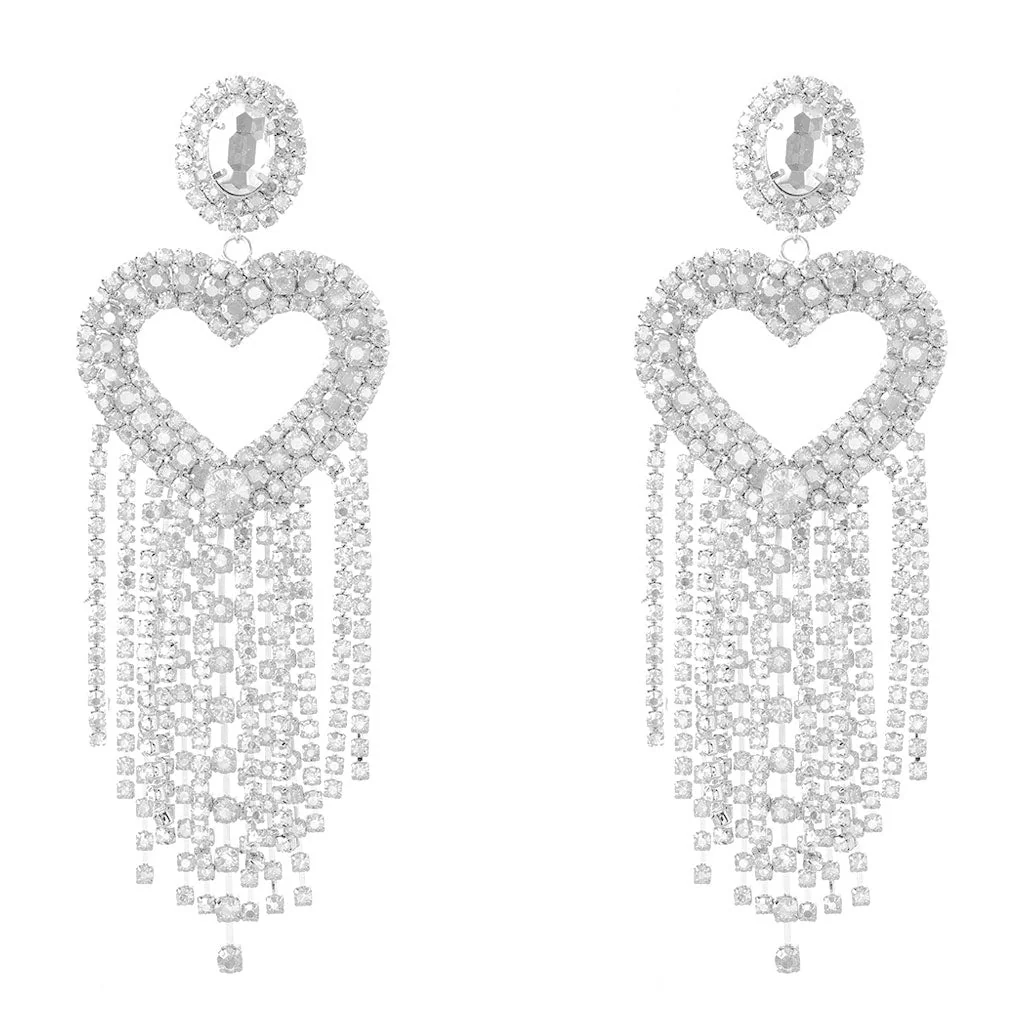 Gem Detail Crystal Embellished Heart Shape Tassel Earrings - Silver - Image 4