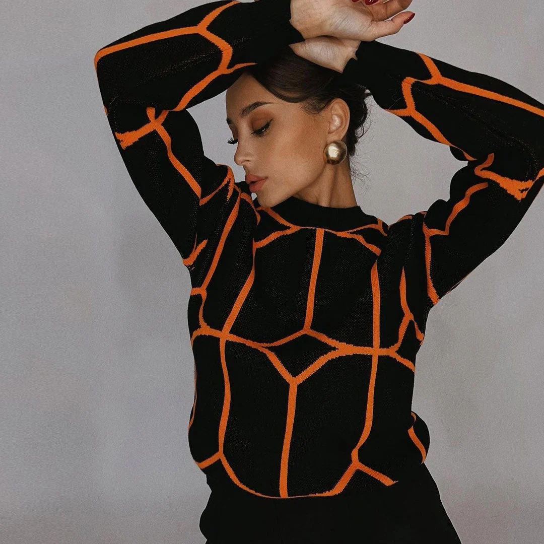 Geometric Pattern Crew Neck Drop Shoulder Long Sleeve Sweater - Black - Image 2
