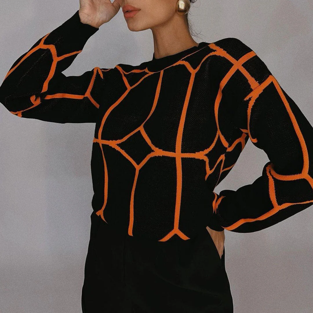 Geometric Pattern Crew Neck Drop Shoulder Long Sleeve Sweater - Black - Image 3