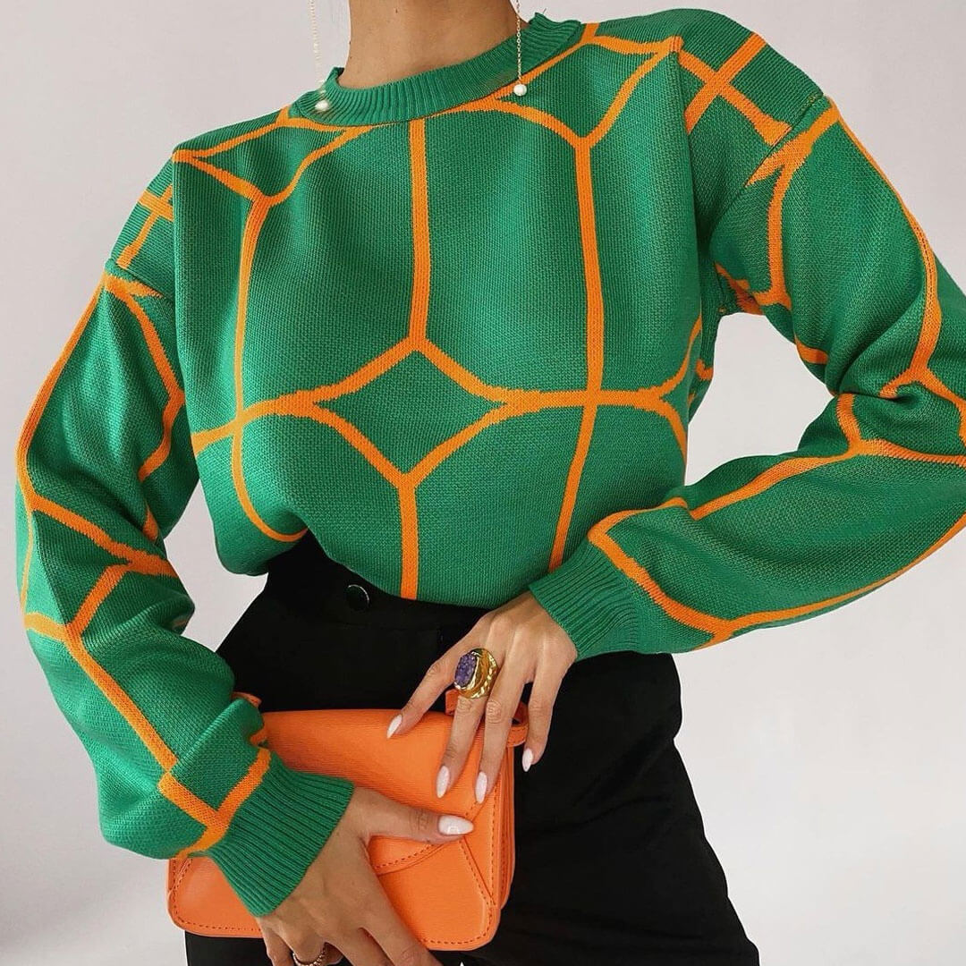 Geometric Pattern Crew Neck Drop Shoulder Long Sleeve Sweater - Green - Image 2