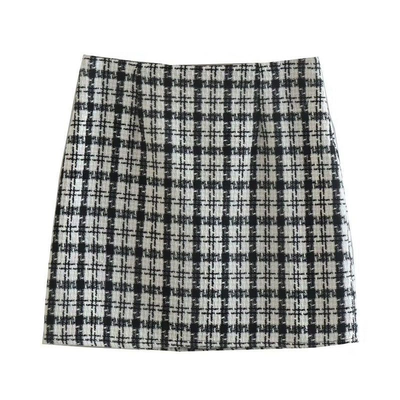 Geometrical Check Print High Waist Split Trim Bodycon Mini Skirt - Black - Image 2
