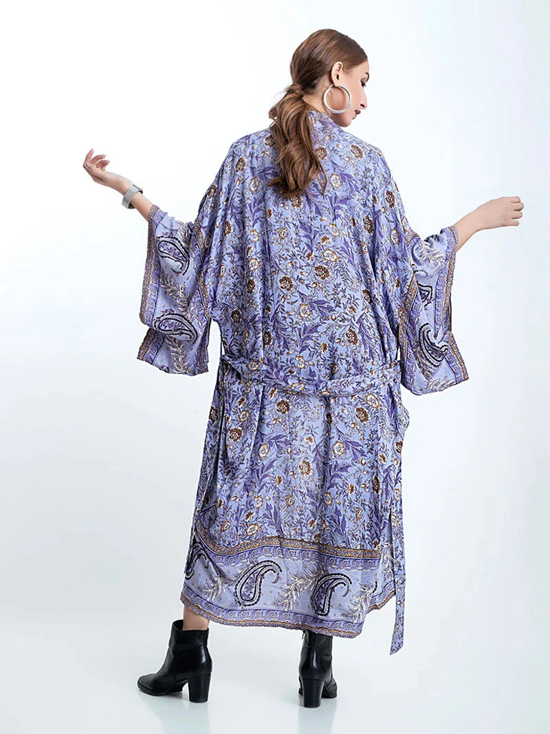 Partywear Floral With Birds Print Purple Color Cotton Long Length Gown Kimono Duster Robe - Image 2