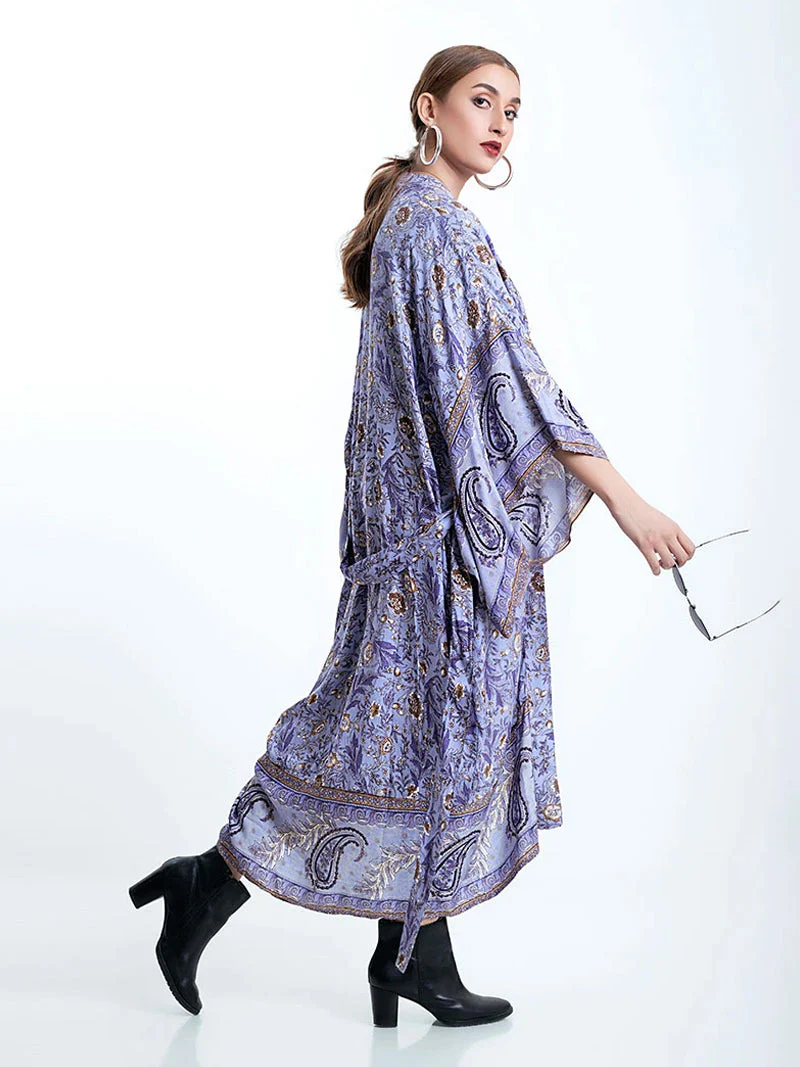 Partywear Floral With Birds Print Purple Color Cotton Long Length Gown Kimono Duster Robe - Image 3