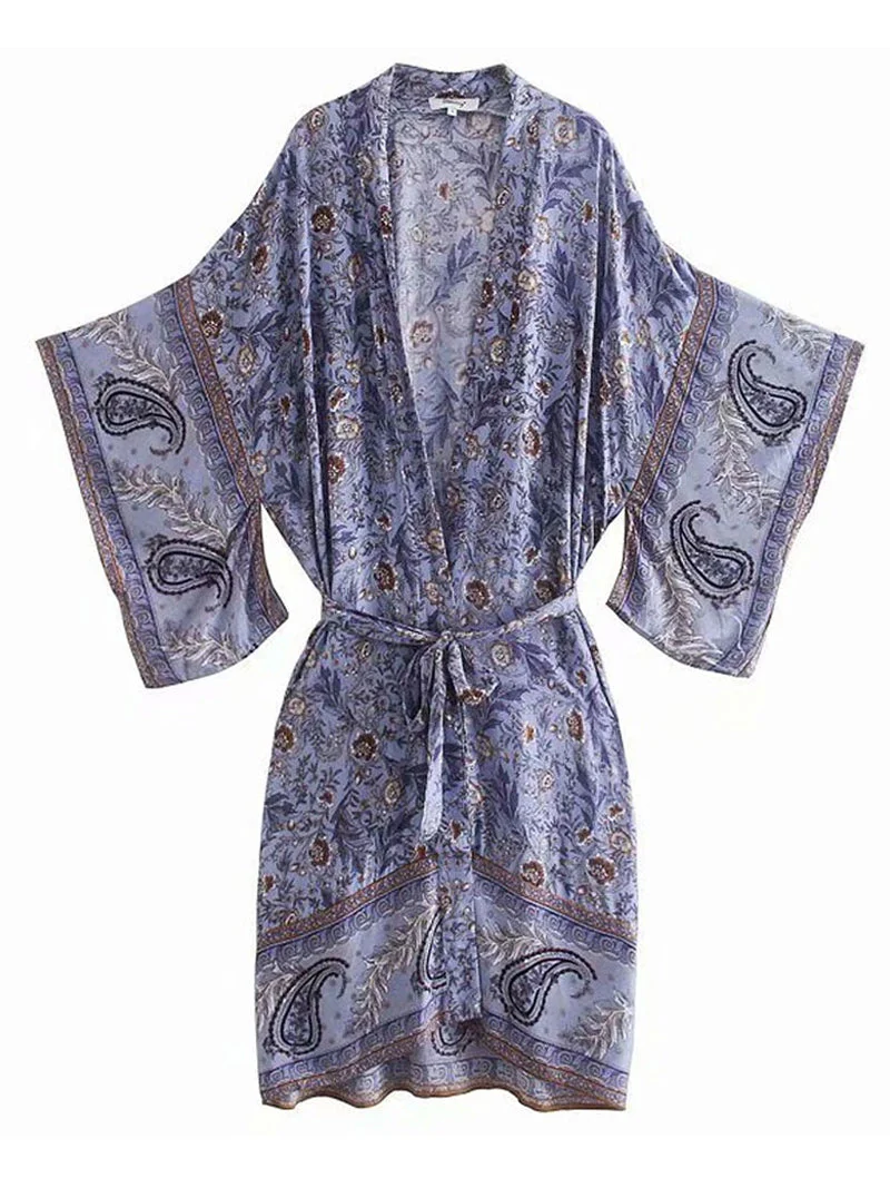 Partywear Floral With Birds Print Purple Color Cotton Long Length Gown Kimono Duster Robe - Image 4