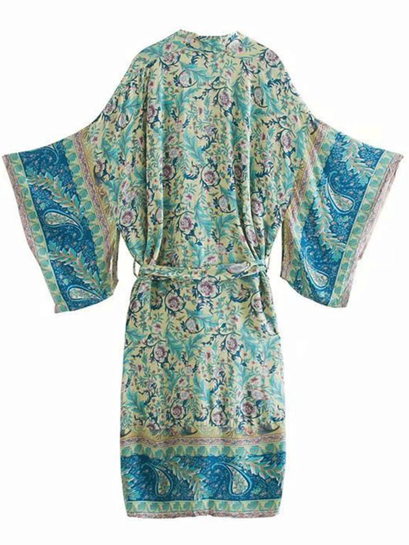 Paisley Print Green Color Cotton Long Length Gown Kimono Duster Robe - Image 2