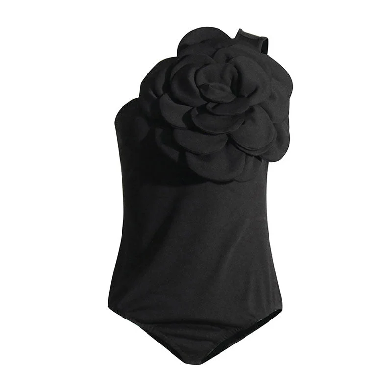 Giant Rosette Applique One Shoulder Solid Color Sleeveless Bodysuit - Image 2