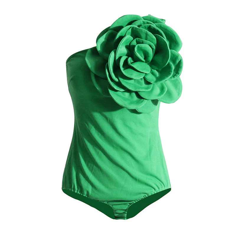 Giant Rosette Applique One Shoulder Solid Color Sleeveless Bodysuit - Image 3