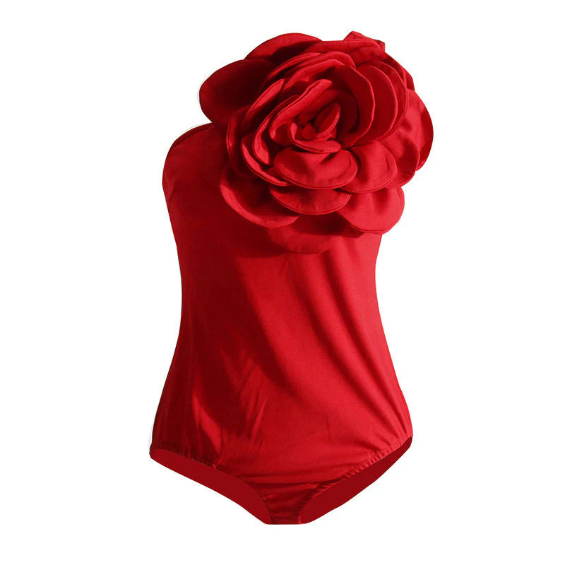 Giant Rosette Applique One Shoulder Solid Color Sleeveless Bodysuit - Image 4