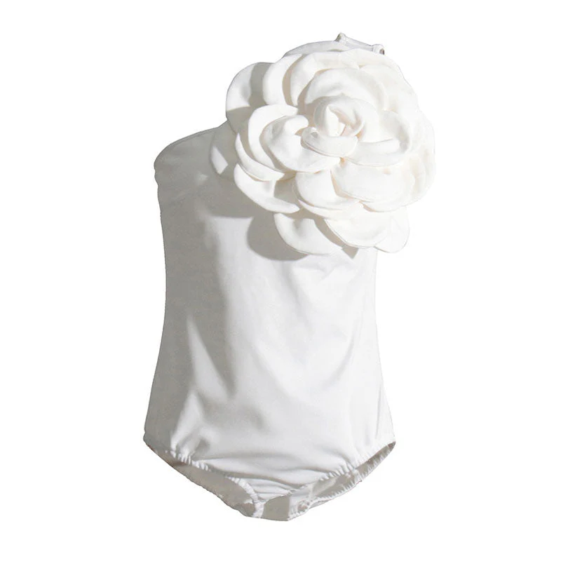 Giant Rosette Applique One Shoulder Solid Color Sleeveless Bodysuit - Image 5