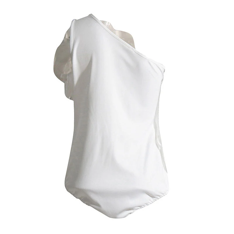 Giant Rosette Applique One Shoulder Solid Color Sleeveless Bodysuit - Image 6